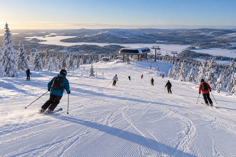 AI-generated illustration of skiers on a groomed slope beside a lift in a snowy fell landscape.