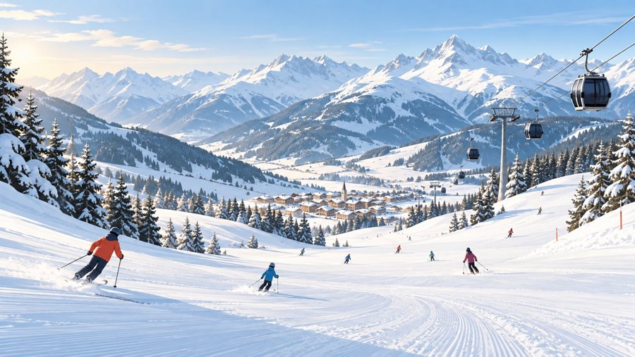 AI-generated illustration of a snowy ski resort with skiers, a village and cable cars