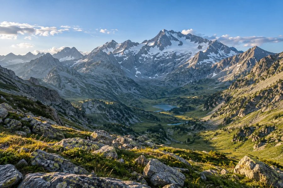 AI-generated illustration of a green Pyrenees valley with a mountain lake and snow-dusted peaks.