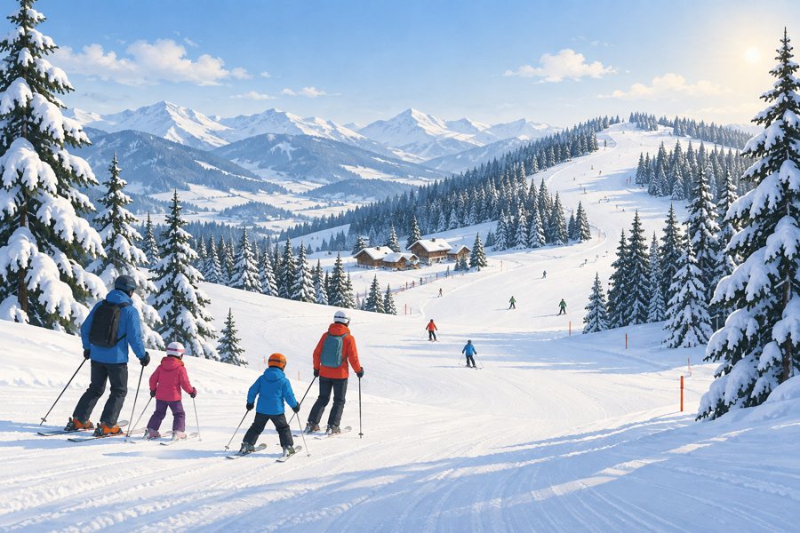 AI-generated illustration: a family skiing on a wide, gentle slope in snowy mountains.