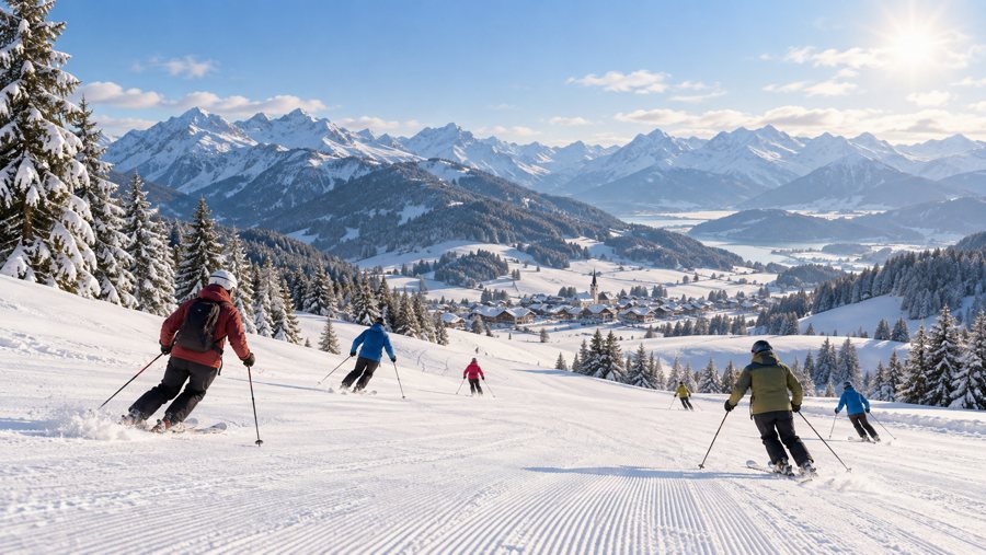 AI-generated illustration of skiers on a snowy Alpine slope, relevant to the Oberjoch–Bad Hindelang ski area.