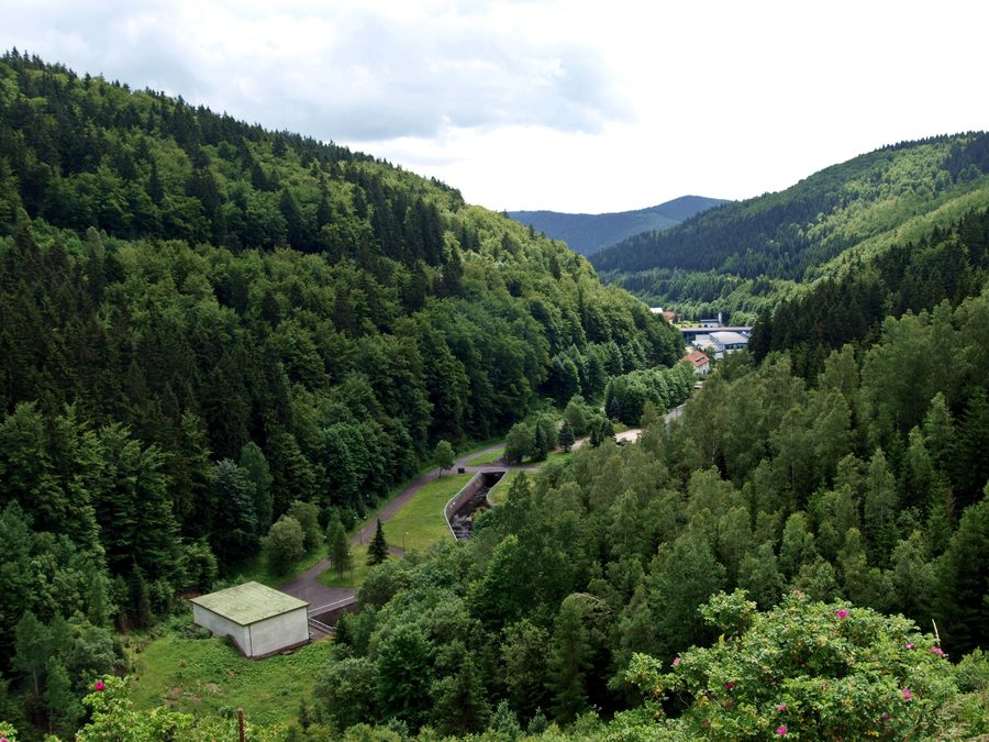 Blick von der Talsperre auf Schönbrunn im Thüringer Wald