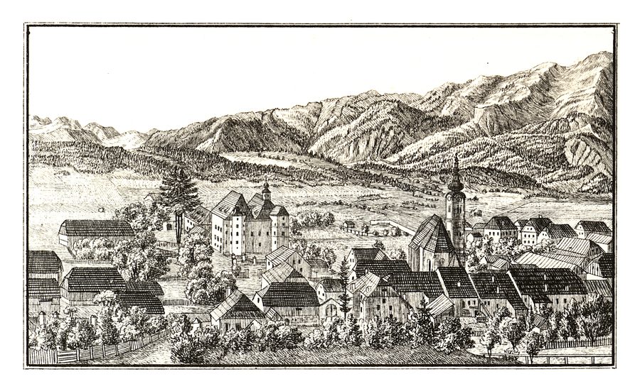 Historische Ansicht von Schloss Stibichhofen und der Dreifaltigkeitskirche in Trofaiach