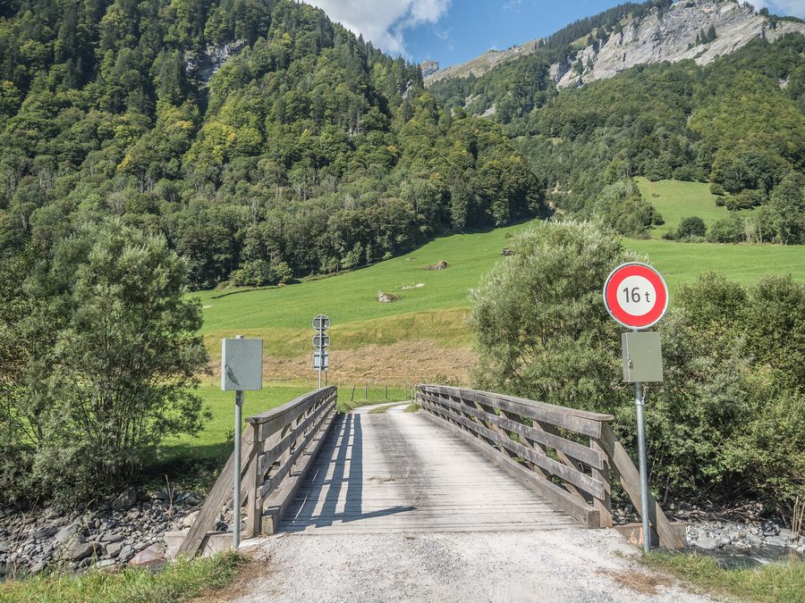 Road bridge over the Sernf River in Matt, Glarus Süd, Canton of Glarus, Switzerland