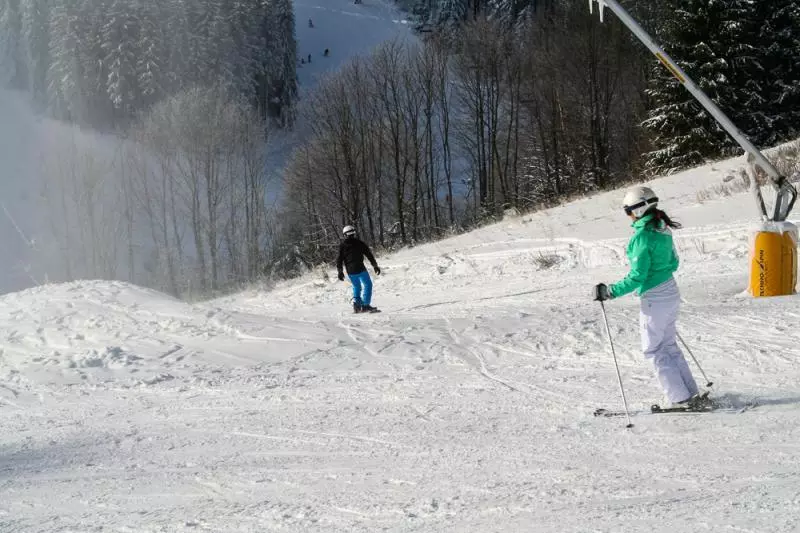 Skifahrerin und Snowboarder auf der Piste